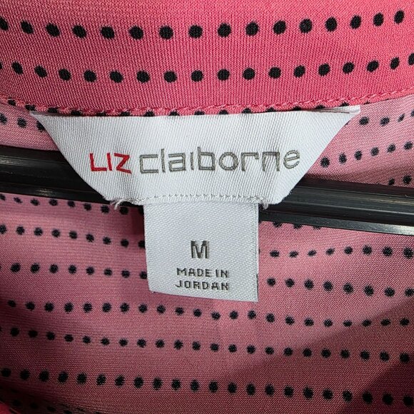 Womens Liz Claiborn Pink & Black Polka Dot Top Open Button Sleeve Polyester M - Picture 2 of 8